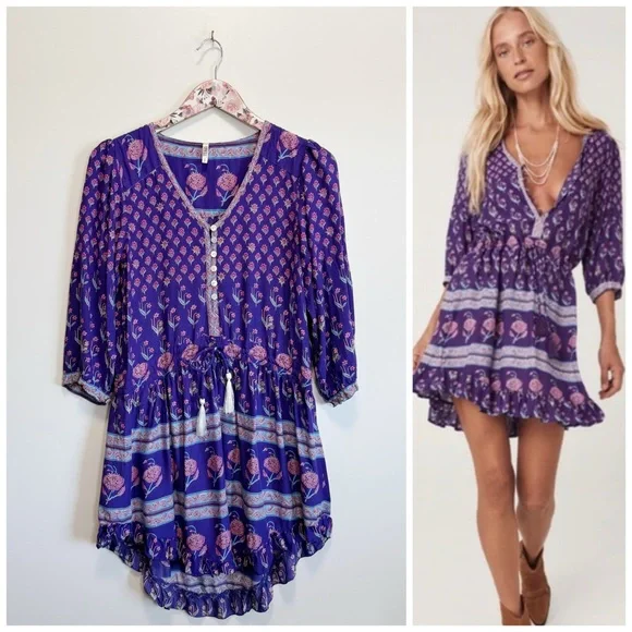 SPELL Bohemian Royale Playdress Purple S Small Mini Ruffle Dress Tassel - Picture 1 of 12